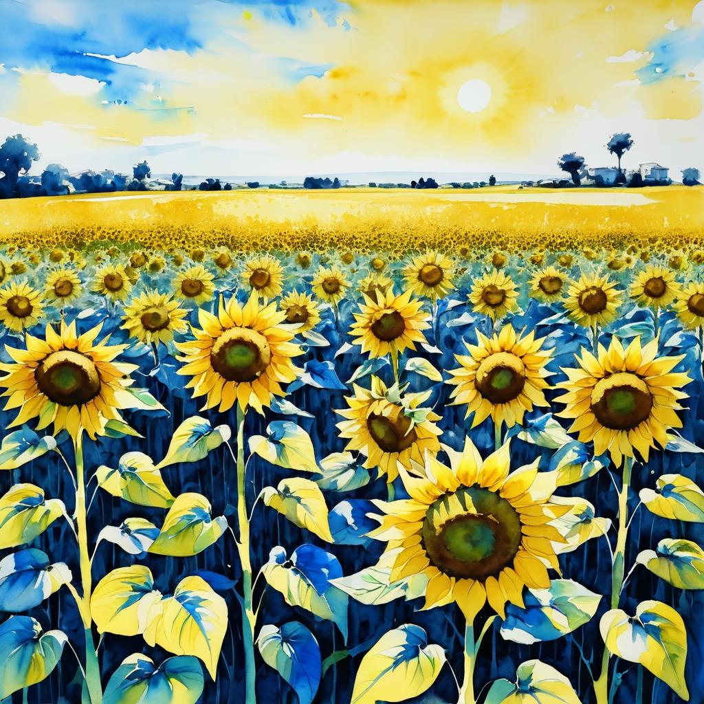 Ink Painted Sunflower Field Under Blue Sky