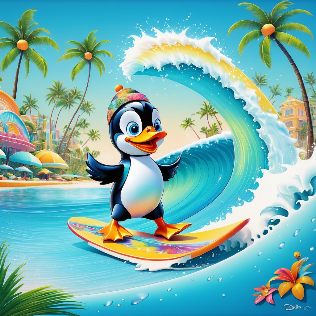 Whimsical Penguin Surfing on a Wave