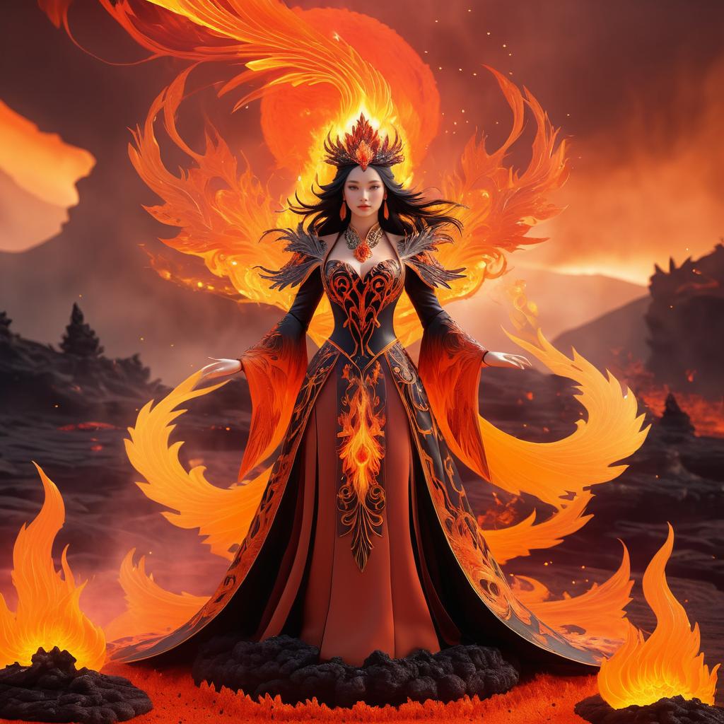 Regal Sorceress Conjuring Fiery Phoenixes