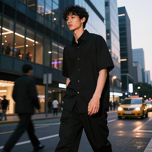 Photograph of a young man with curly black hair, wearing a black button-up shirt and pants, walking on a busy urban street at dusk, with