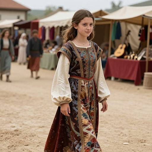 Photograph of a young girl with long brown hair wearing an ornate medieval-style dress with floral patterns, standing in a bustling outdoor market with vendors and