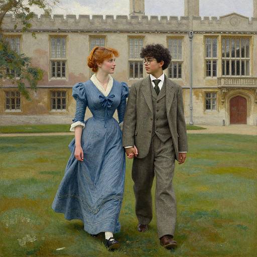 Victorian-era painting of a red-haired woman in a blue dress and a dark-skinned man with curly hair in a gray suit, holding hands in