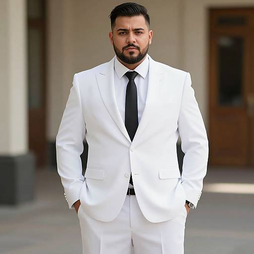Photograph of a bearded man with short black hair, wearing a white suit, black tie, and hands in pockets, standing confidently in a blurred