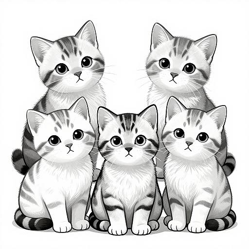 Black and white digital drawing of five adorable, cute, fluffy kittens with large, round eyes, sitting closely together, displaying striped patterns.