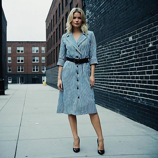 Blonde Woman in Striped Dress on Urban Street