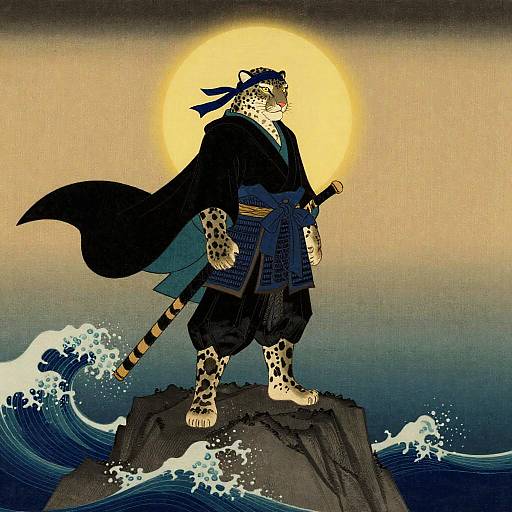 Heroic Snow Leopard Samurai Ukiyo-e