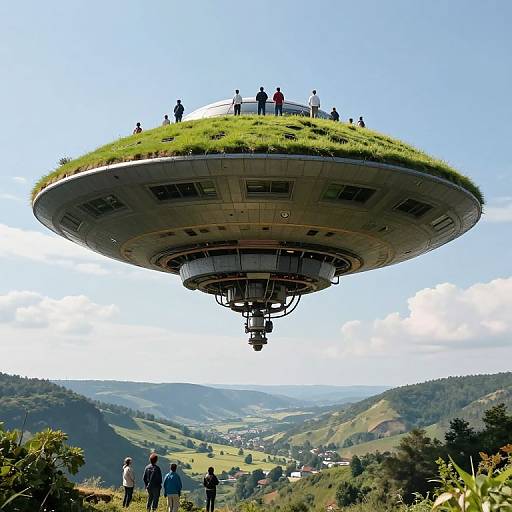 Photograph of a grass-covered UFO with people standing on top, hovering over a lush, hilly landscape under a clear sky.