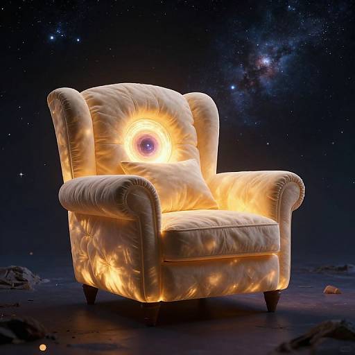 Photorealistic CGI of a glowing, tufted, cream armchair with an eye-like light at the center, set against a starry night