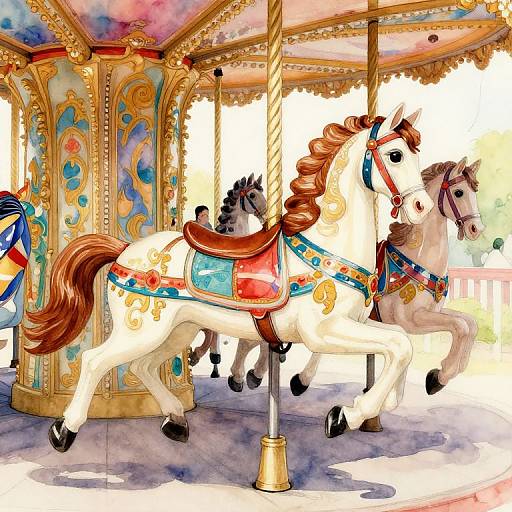 Vibrant watercolor painting of a white carousel horse with brown mane, red and blue ornate saddle, and gold accents, surrounded by colorful,