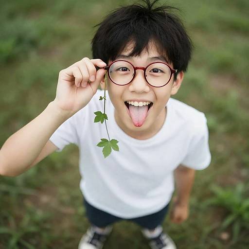 Smiling Boy with Red Glasses and Vines