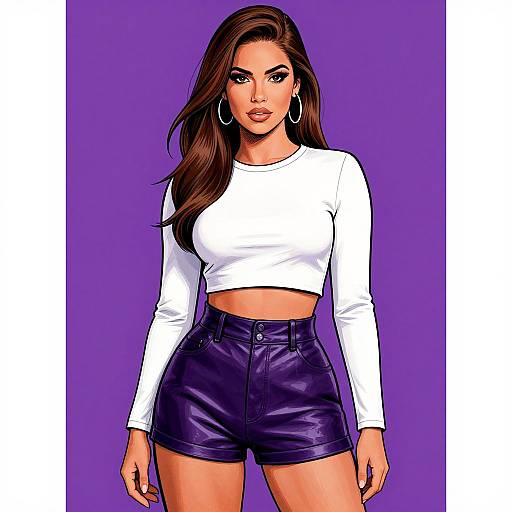 Digital illustration of a beautiful woman with long brown hair, wearing a white crop top and purple leather shorts, against a solid purple background.