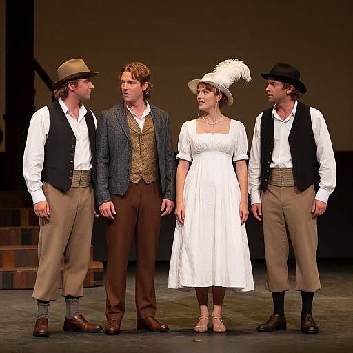 Photograph of four actors in vintage attire on stage: two men in vests, hats, and brown pants, one in a dark blazer and brown