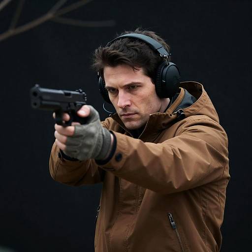 Serious Man Aiming Gun in Dark Setting