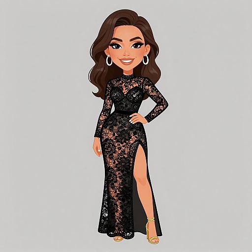 Digital illustration of a confident woman with long brown hair, wearing a black lace long-sleeve dress with a high slit, gold earrings, and gold