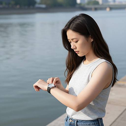 Photograph of an Asian woman with long black hair, wearing a white sleeveless top and blue jeans, adjusting her watch by a calm river.