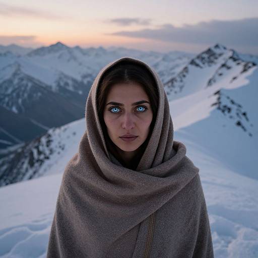 Photograph of a young woman with striking blue eyes, wrapped in a brown hooded cloak, standing in a snowy mountain landscape at sunset.
