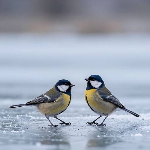 Photograph of two colorful blue and yellow tit birds standing on a frosty, icy surface, facing each other with a blurred, wintry background.