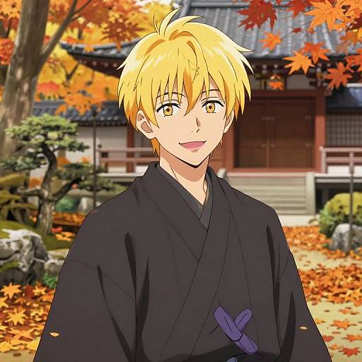 Anime-style illustration of a smiling, blond-haired boy in a black kimono, set against a vibrant autumn background with orange leaves and traditional Japanese architecture.