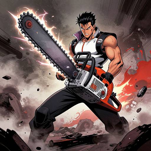 Muscular anime man with black spiky hair wields glowing chainsaw, surrounded by rubble and flames, in dynamic, action-packed digital artwork.