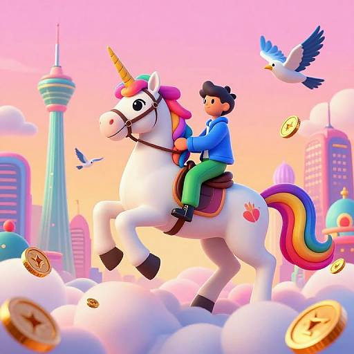 Cartoon-style image of a man in blue jacket and green pants riding a colorful unicorn through a pink sky with coins, a bird, and a futuristic