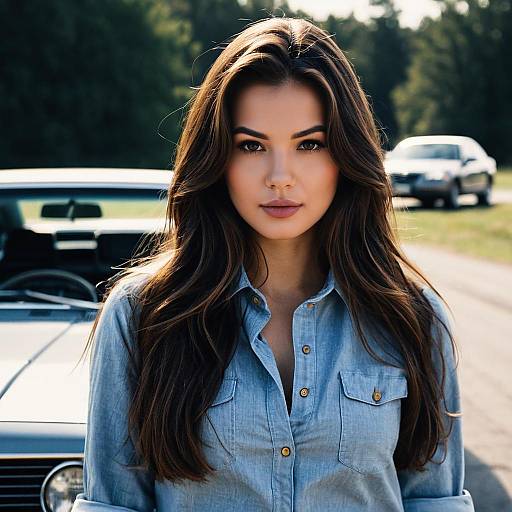 Young Woman in Denim Shirt Outdoors by Classic Car