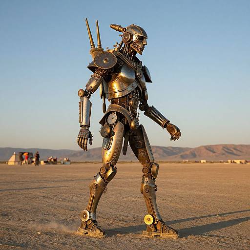 Photograph of a golden, robotic warrior with spikes on its shoulders, walking in a desert with a clear blue sky and distant mountains.