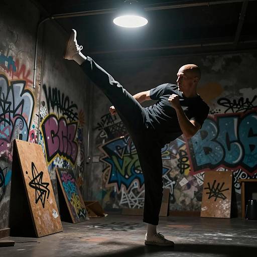 Man Performing High Kick in Graffiti Room