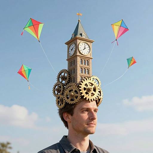 Photograph of a man with a clock tower hat, featuring gears and colorful kites flying from it, against a bright blue sky.
