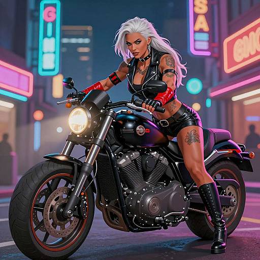Muscular Woman on Motorcycle in Neon City