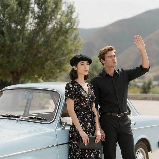 Couple by Light Blue Vintage Car