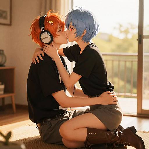 Sunlit Yuri Embrace on Veranda