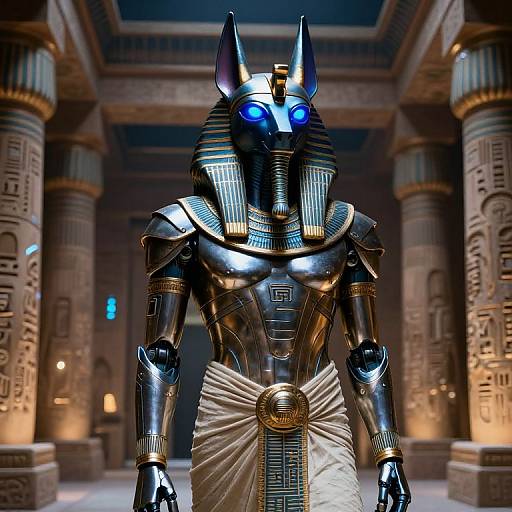 Photorealistic CGI of a metallic Anubis figure with glowing blue eyes, adorned in ancient Egyptian attire, standing in a dimly lit, orn