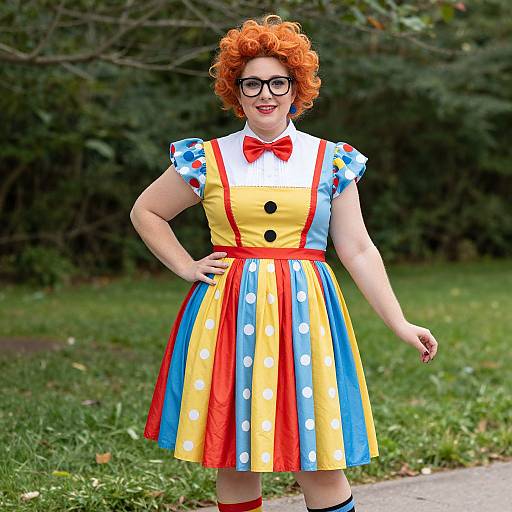 Photograph of a curly red-haired woman in a colorful polka-dot clown dress, red bowtie, black buttons, and glasses, standing on a