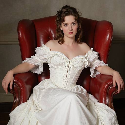 Photograph of a fair-skinned woman with curly brown hair, wearing an off-shoulder, white, Victorian-style dress, seated in a red