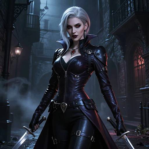 CGI image of a pale-skinned, silver-haired woman in black leather armor, holding dual swords, standing in a misty, blue-lit