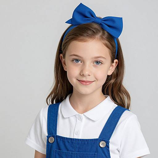 Photograph of a young girl with blue eyes, wearing a white shirt, blue pinafore dress, and matching blue bow headband, smiling against