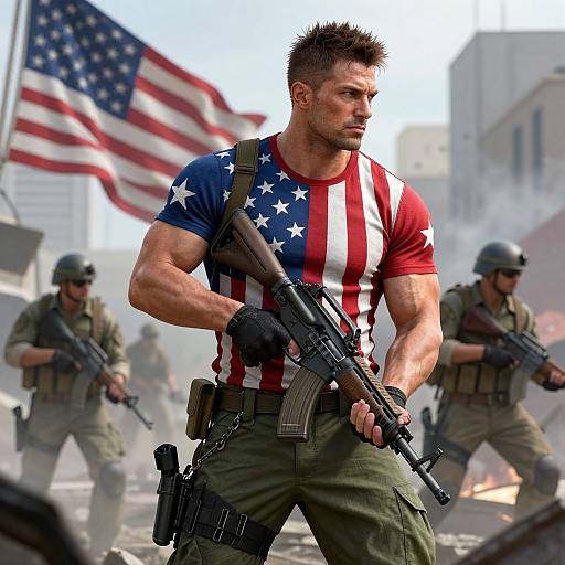 Photograph of a muscular, bearded man in a star-spangled, red-white-blue shirt, holding a rifle, flanked by soldiers in green