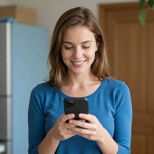 Photograph of a smiling young woman with light brown hair, wearing a blue long-sleeve shirt, looking at a black smartphone in a kitchen with