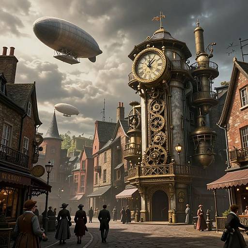 Steampunk street scene: Victorian clock tower with gears, airships, cobblestone street, people in 19th-century attire, cloudy sky