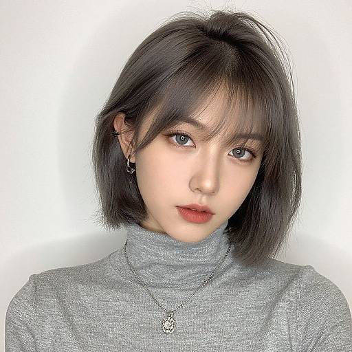 Photorealistic digital portrait of an Asian woman with short black hair, wearing a gray turtleneck, red lipstick, and small earrings.