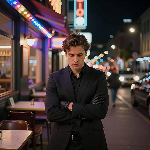 Mysterious Man in Neon Cityscape