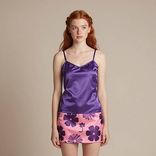 Young woman in purple satin camisole and floral skirt