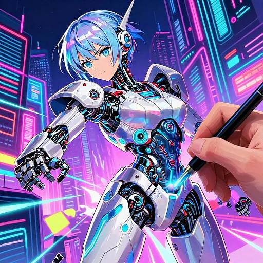 Neon-lit cyberpunk scene: Blue-haired, robotic female warrior in white and black armor, glowing blue lights, futuristic cityscape, human hand