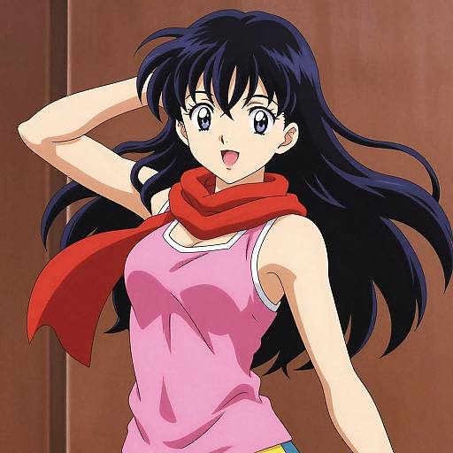 Anime-style digital drawing of a smiling young woman with long black hair, wearing a pink tank top, red scarf, and blue shorts. Brown wooden background