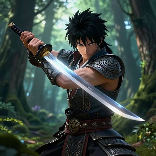 Anime-style digital drawing of a black-haired, muscular warrior with intense expression, holding a glowing sword in a sunlit forest.