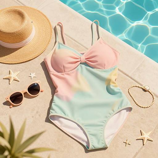 Sunlit poolside scene: pink and blue one-piece swimsuit, straw hat, black sunglasses, beaded bracelet, and sparkling water, all on