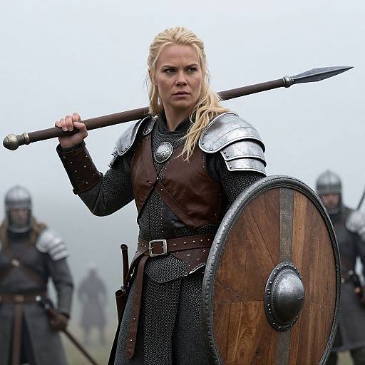 Photograph of a determined blonde Viking warrior with armor, holding a sword overhead and wooden shield, surrounded by fellow armored warriors.