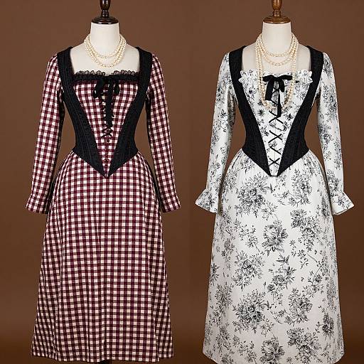 Photograph of two vintage-style dresses on mannequins: left in red and black checkered, right in white floral lace with black accents.