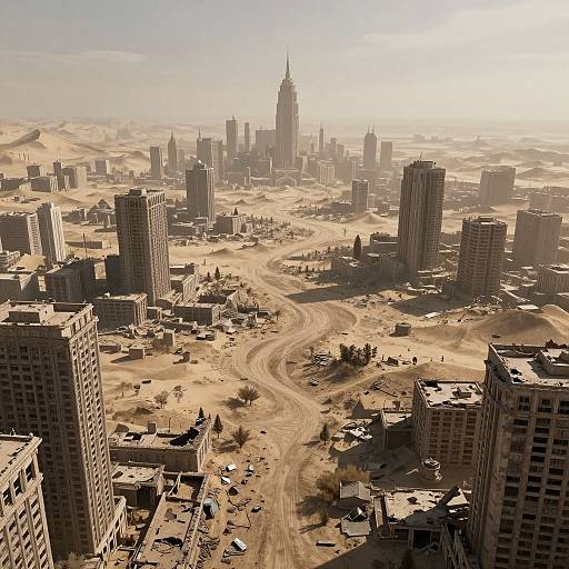 Aerial photograph of a desert city with tall, modern skyscrapers, winding roads, and sandy surroundings under bright sunlight. Urban oasis amidst arid