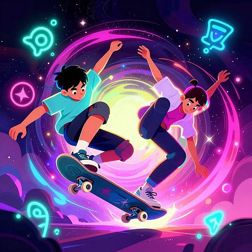 Digital illustration of two young skateboarders mid-air, surrounded by neon swirls and glowing symbols, set against a vibrant, starry night sky.